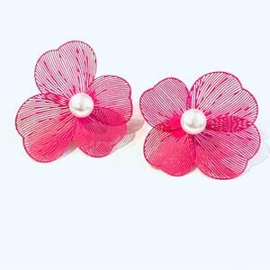 Hot Pink Filigree Flower Pearl Stud Earrings